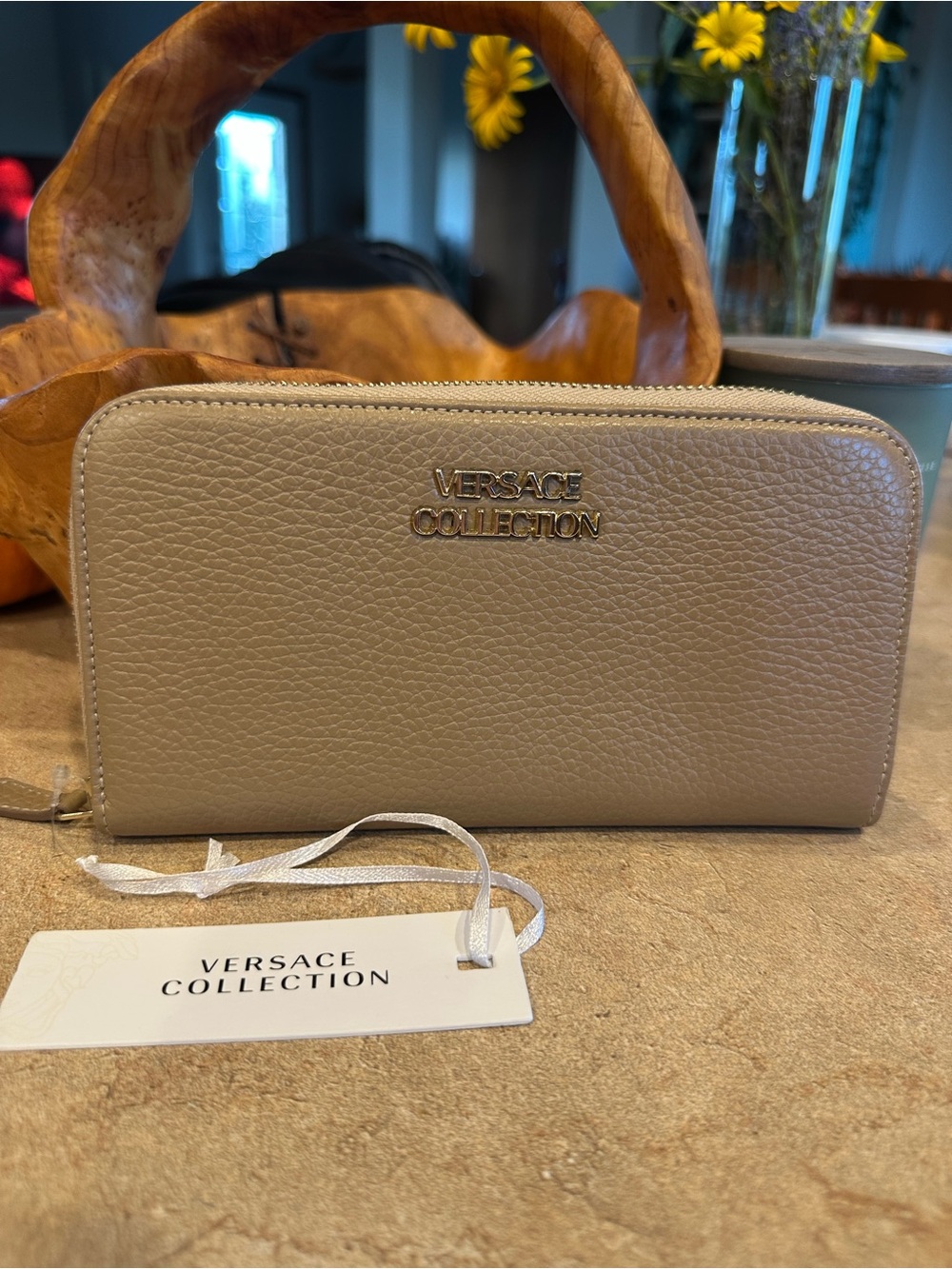 Versace Collection Pebbled Leather Zip Wallet in Taupe